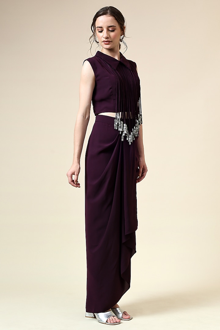 Purple Moss Crepe Draped Skirt Set by Aakaar at Pernia's Pop Up Shop