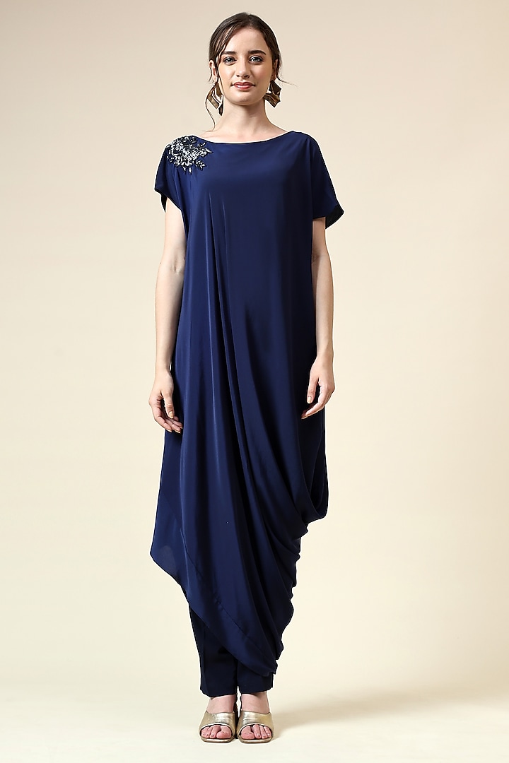 Navy Silk Crepe Crystal Embellished Draped Tunic Set by Aakaar at Pernia's Pop Up Shop