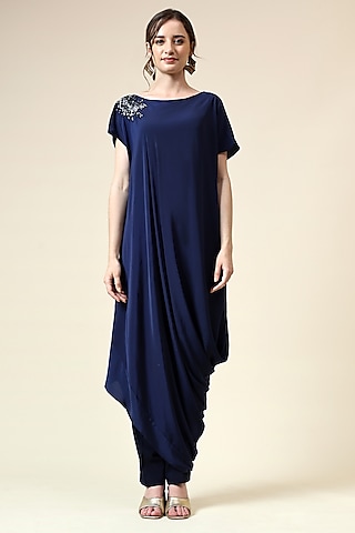 Navy Silk Crepe Crystal Embellished Draped Tunic Set by Aakaar