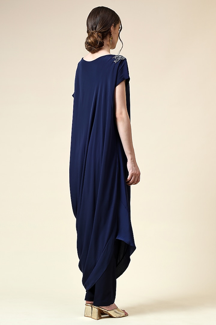 Navy Silk Crepe Crystal Embellished Draped Tunic Set by Aakaar at Pernia's Pop Up Shop