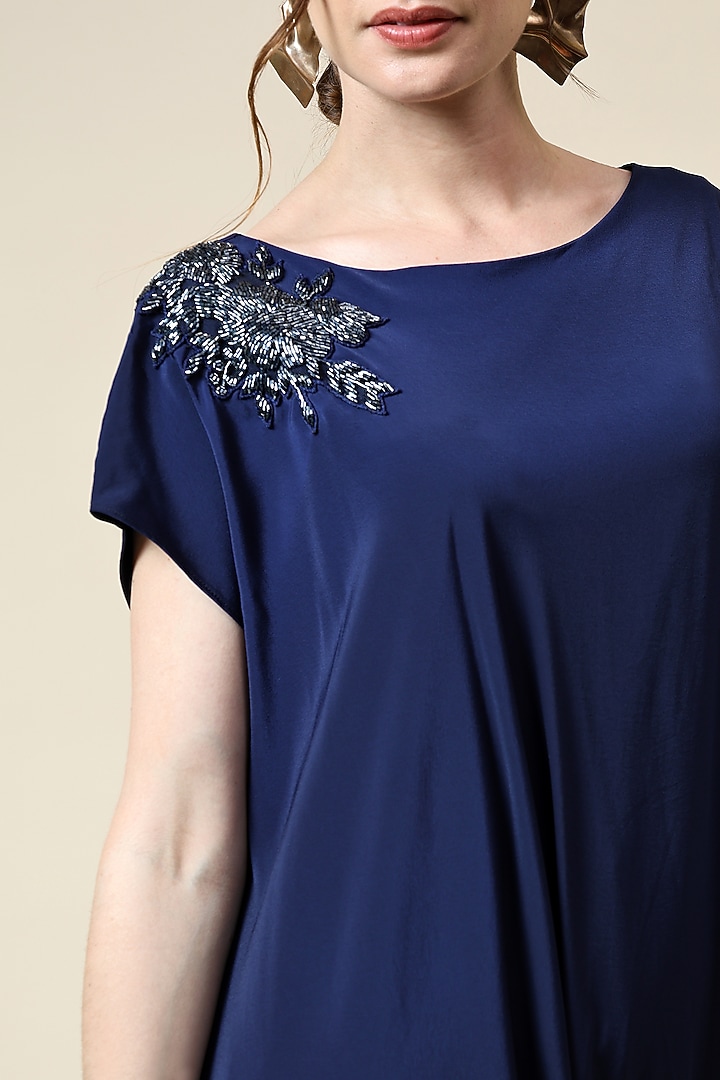 Navy Silk Crepe Crystal Embellished Draped Tunic Set by Aakaar at Pernia's Pop Up Shop