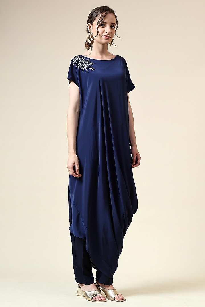 Navy Silk Crepe Crystal Embellished Draped Tunic Set by Aakaar at Pernia's Pop Up Shop