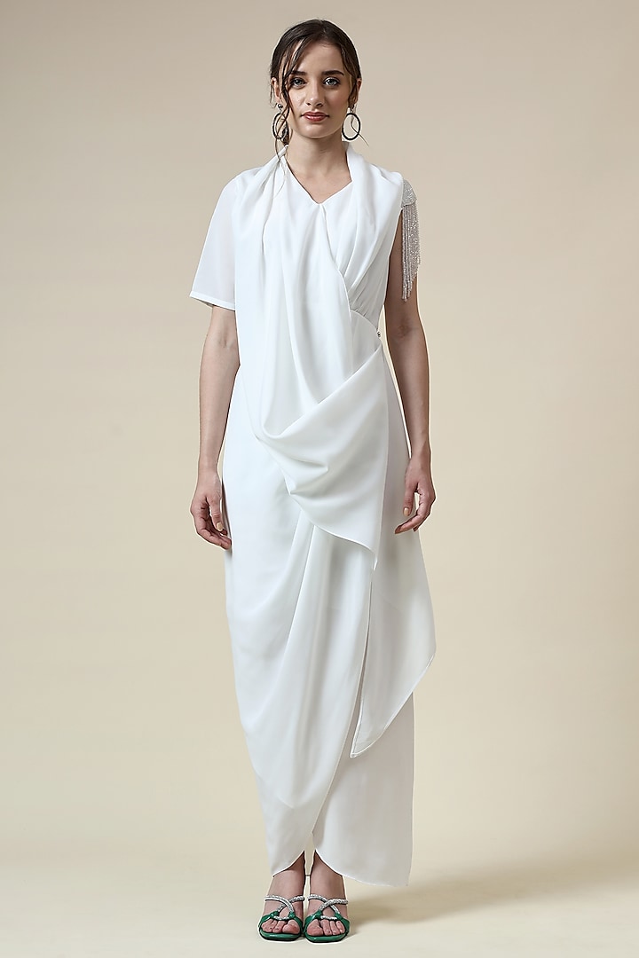 Pearl White Moss Crepe Draped Dress by Aakaar at Pernia's Pop Up Shop