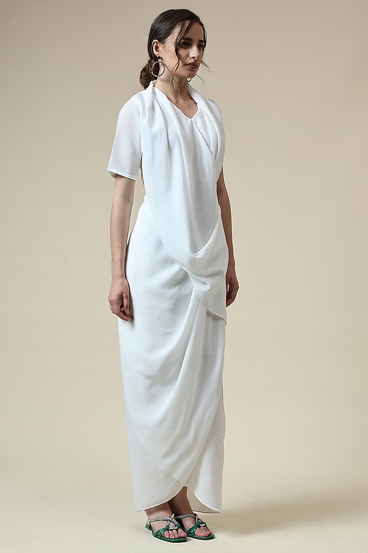 Pearl White Moss Crepe Draped Summer Dress by Aakaar at Pernia's Pop Up Shop