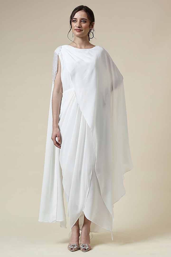 White Moss Crepe Draped Dress by Aakaar at Pernia's Pop Up Shop