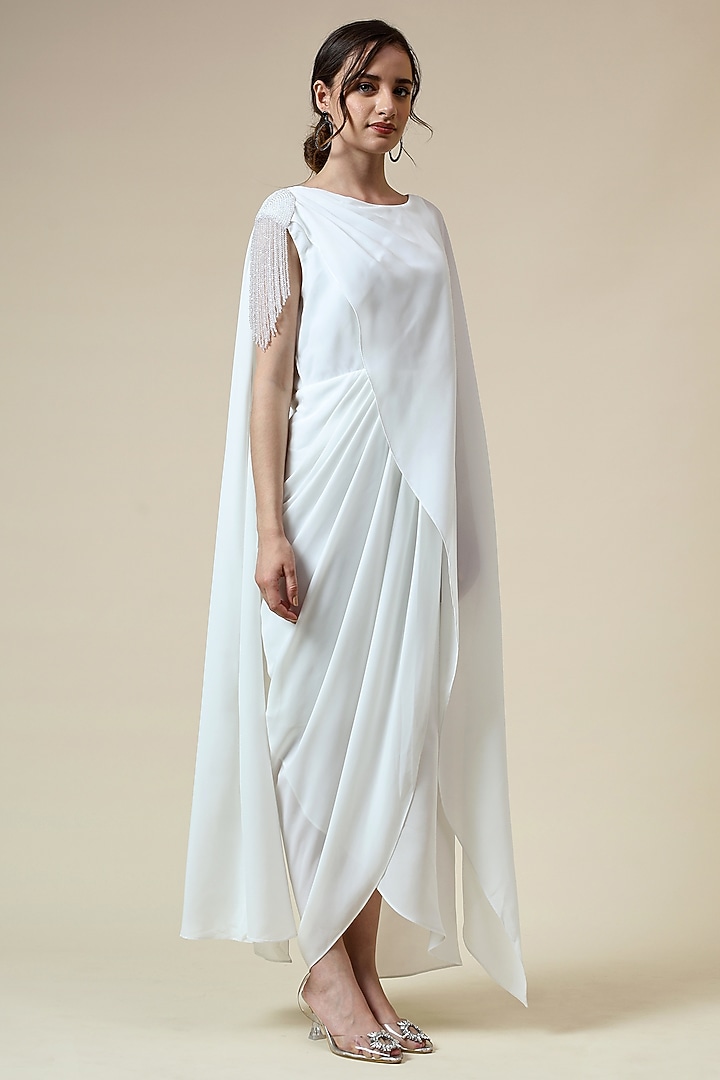 White Moss Crepe Draped Summer Dress by Aakaar at Pernia's Pop Up Shop