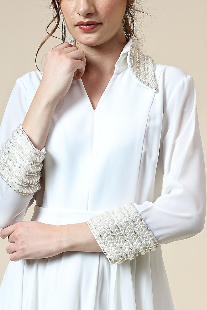 Pearl White Moss Crepe Gown by Aakaar at Pernia's Pop Up Shop