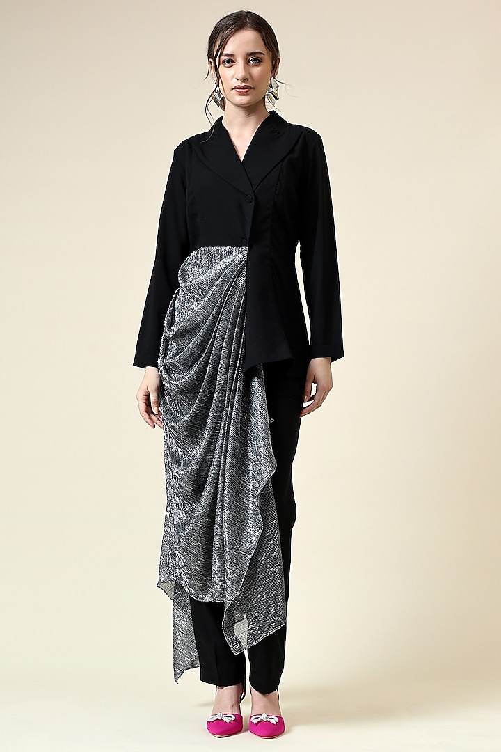 Silver Moss Crepe Draped Blazer Set by Aakaar at Pernia's Pop Up Shop