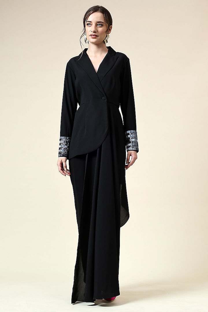 Black Moss Crepe Draped Blazer Set by Aakaar at Pernia's Pop Up Shop