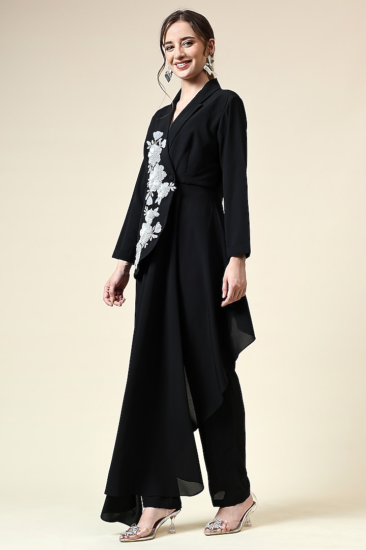 Black Moss Crepe Floral Blazer Set by Aakaar at Pernia's Pop Up Shop