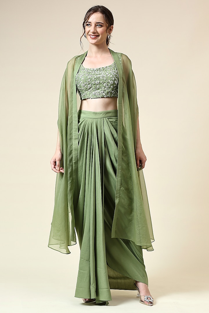 Tropical Green Cotton Silk & Organza Cape Set by Aakaar at Pernia's Pop Up Shop