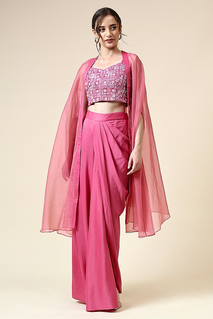 Pink Cotton Silk & Organza Cape Set by Aakaar