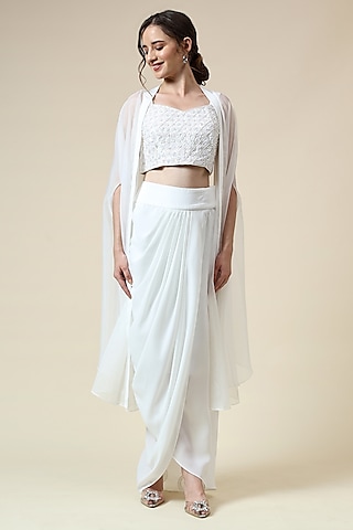 Pearl White Cotton Silk & Organza Cape Set by Aakaar