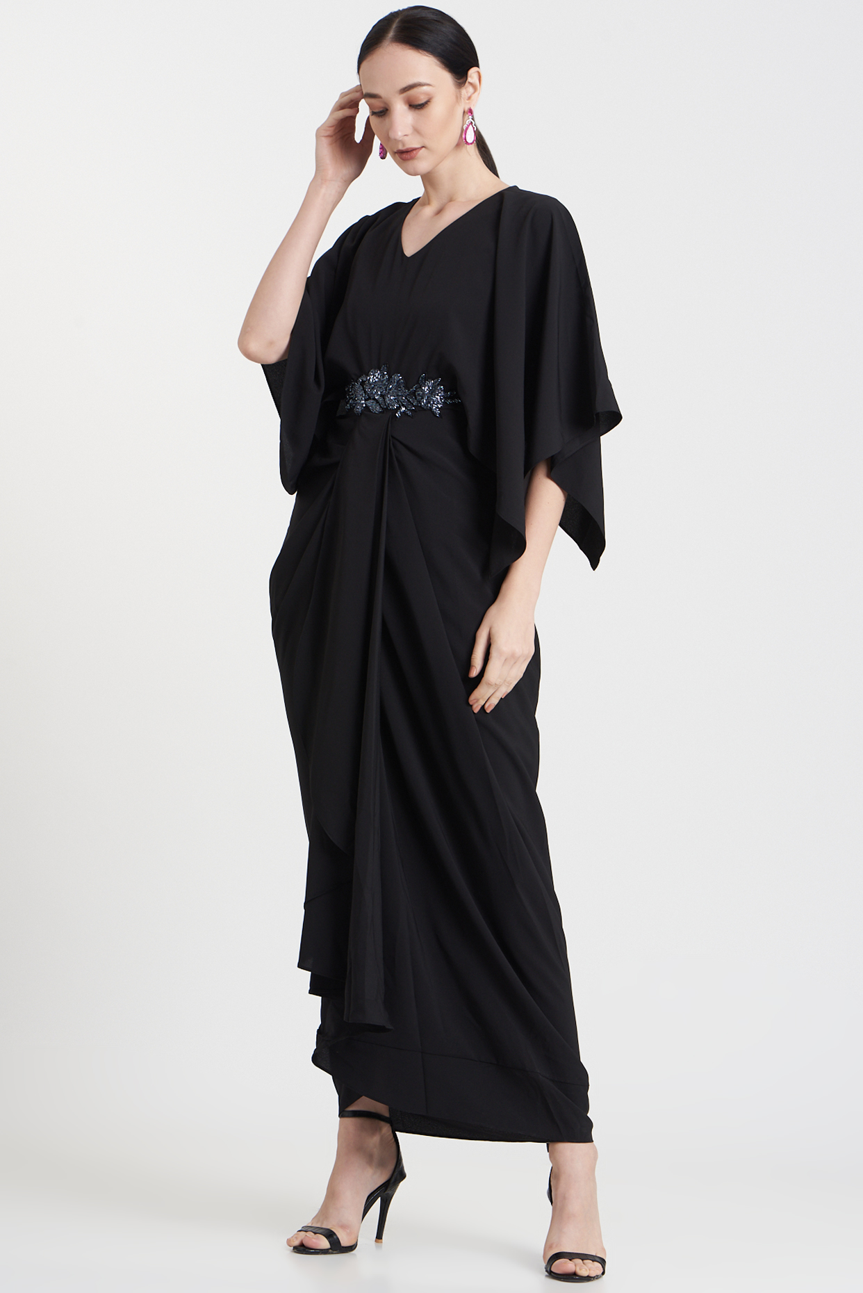 Black Embroidered Draped Maxi Summer Dress by Aakaar at Pernia's Pop Up Shop