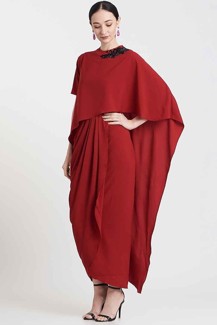 Red Moss Crepe Draped Dress Design By Aakaar At Pernias Pop Up Shop 2024