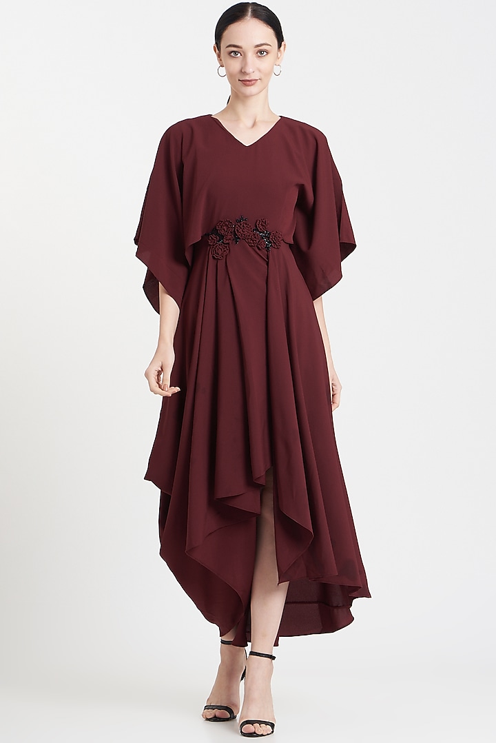 Wine Embroidered Draped Maxi Dress by Aakaar