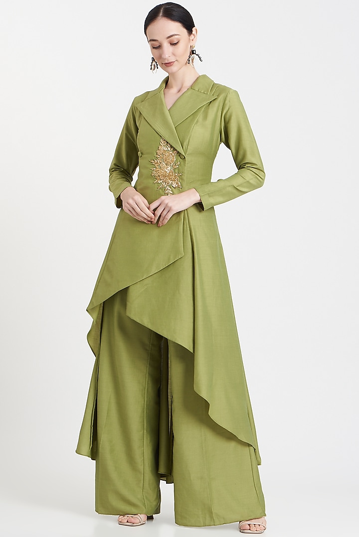 Lime Green Matka Silk Co-Ord Set by Aakaar