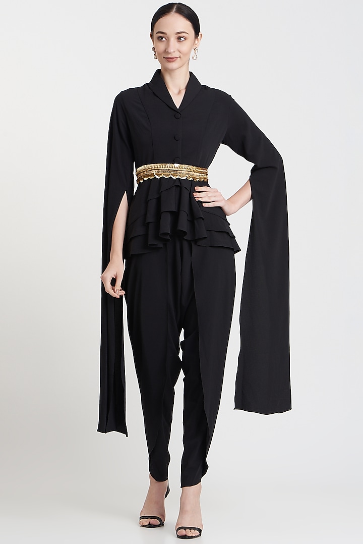 Black Moss Crepe Co-Ord Set With Belt by Aakaar at Pernia's Pop Up Shop