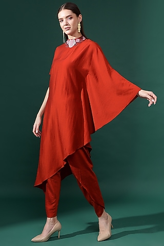 Rust Orange Cotton Silk Embellished Co-Ord Set by Aakaar