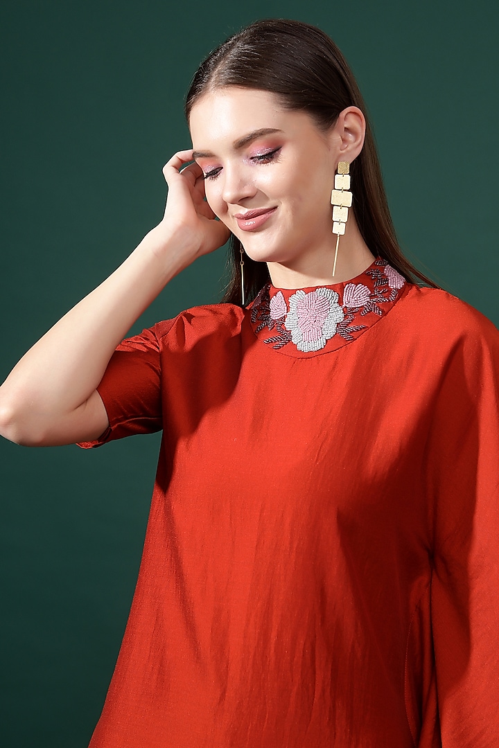 Rust Orange Cotton Silk Embellished Co-Ord Set by Aakaar at Pernia's Pop Up Shop