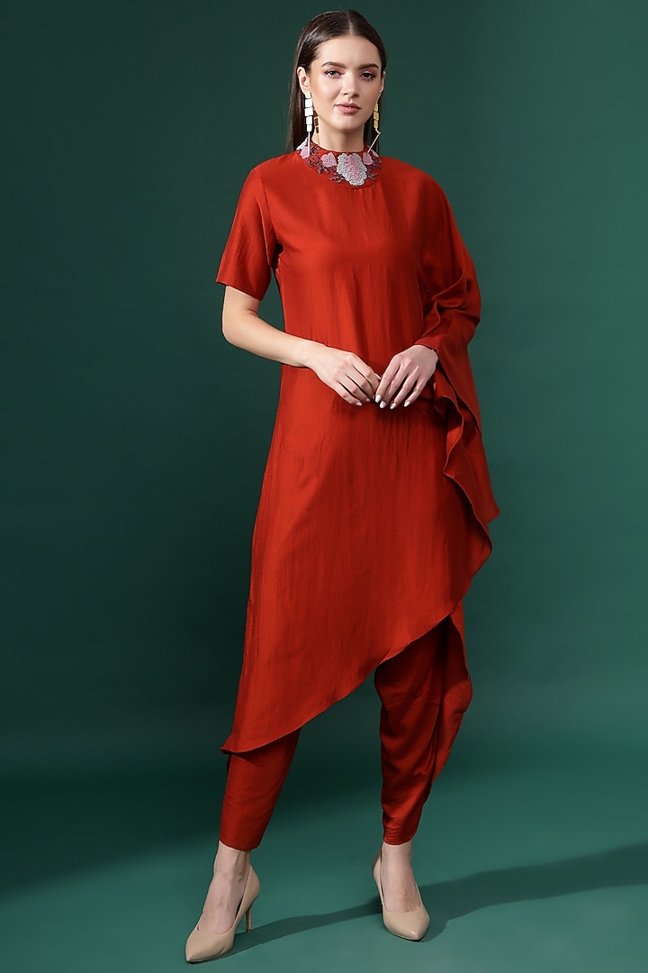 Rust Orange Cotton Silk Embellished Co-Ord Set by Aakaar at Pernia's Pop Up Shop