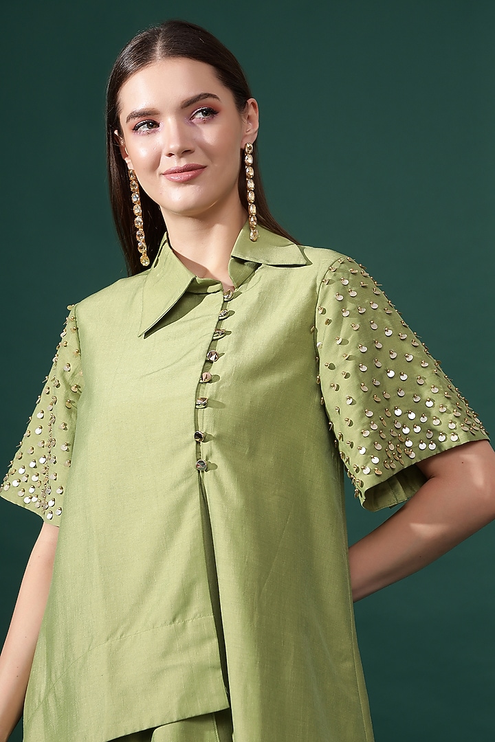 Green Cotton Silk Embellished Co-Ord Set by Aakaar at Pernia's Pop Up Shop
