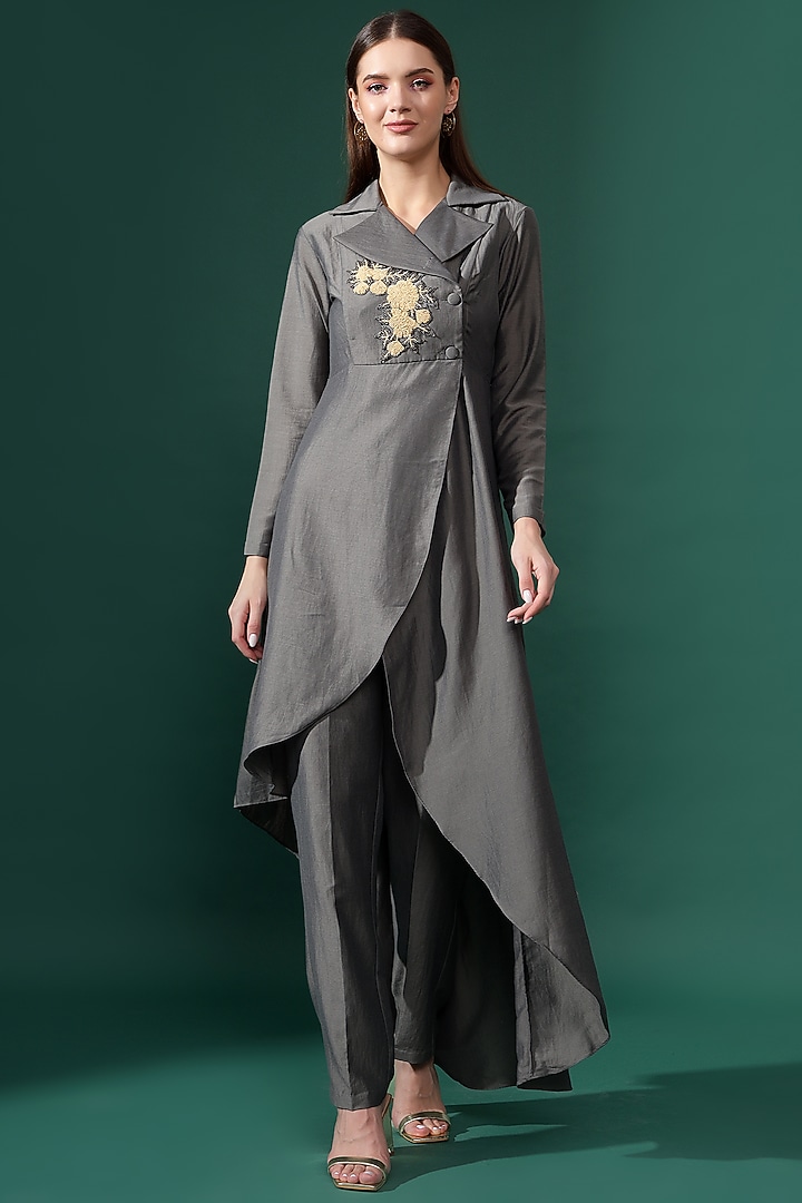 Grey Cotton Silk Embellished Co-Ord Set by Aakaar at Pernia's Pop Up Shop