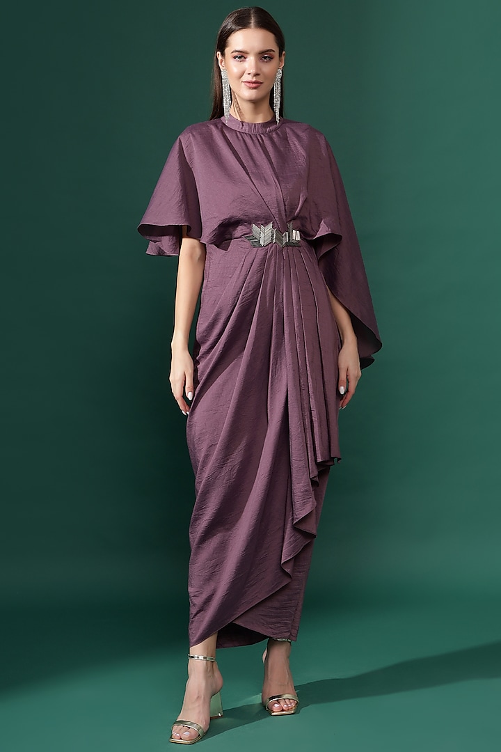 Purple Cotton Silk Embellished Midi Dress by Aakaar