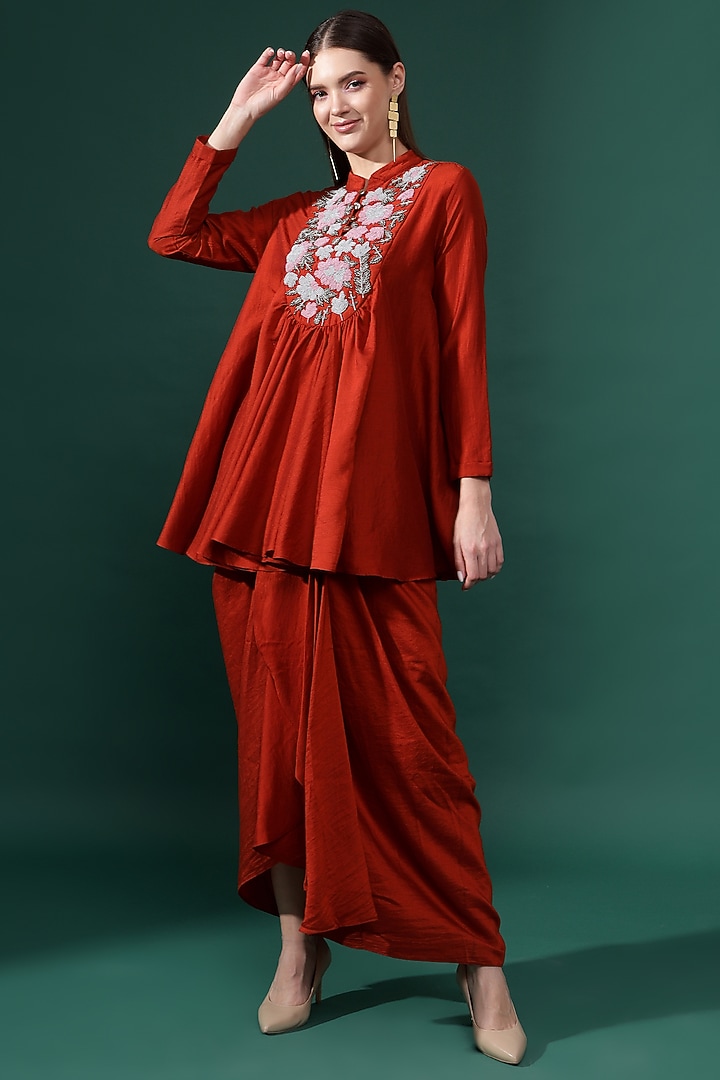 Rust Orange Cotton Silk Skirt Set by Aakaar at Pernia's Pop Up Shop