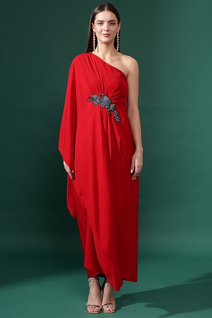 Red Moss Crepe Embellished One-Shoulder Maxi Dress by Aakaar