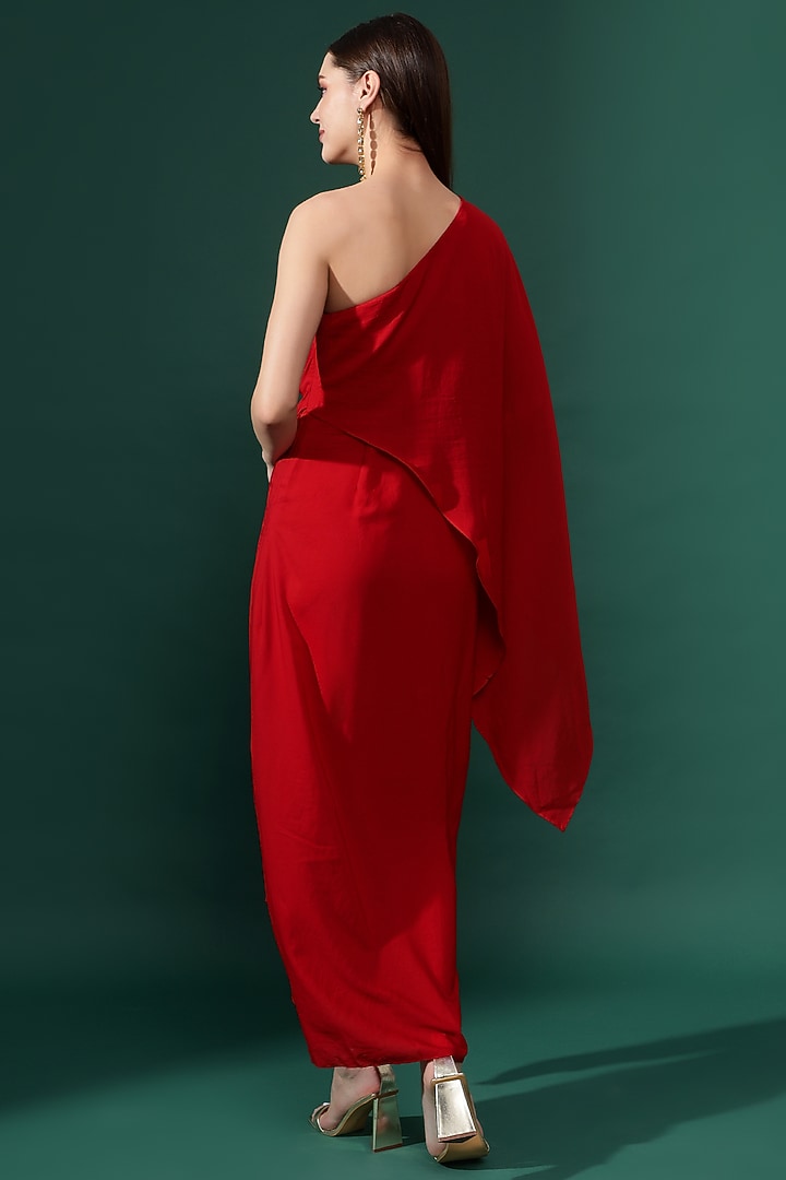 Red Moss Crepe Embellished One-Shoulder Maxi Summer Dress by Aakaar at Pernia's Pop Up Shop