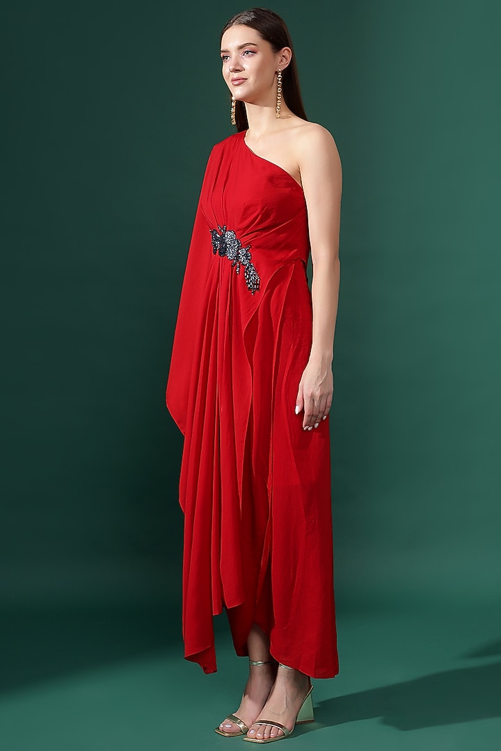 Red Moss Crepe Embellished One-Shoulder Maxi Summer Dress by Aakaar at Pernia's Pop Up Shop