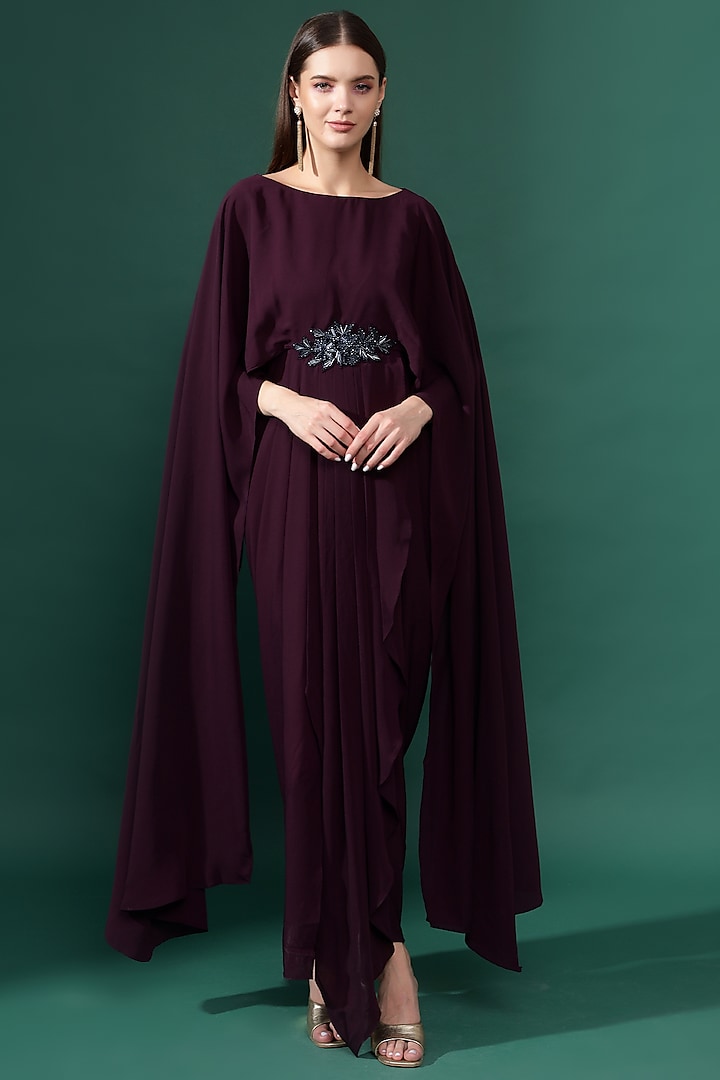 Purple Moss Crepe Embellished Gown by Aakaar