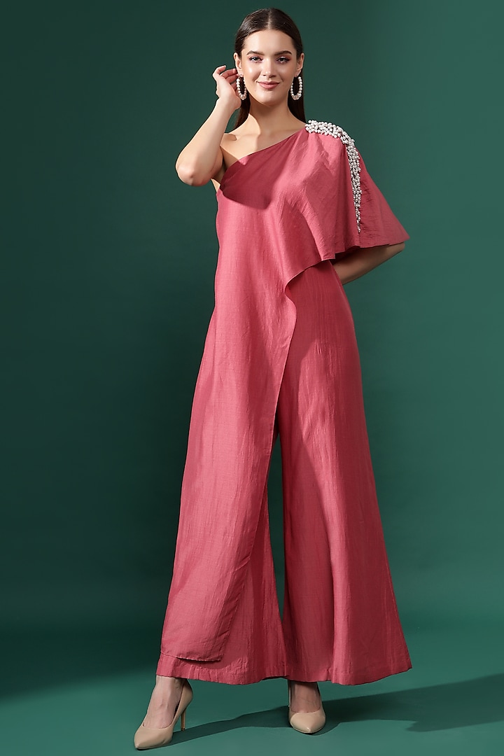 Pink Cotton Silk Embellished Jumpsuit by Aakaar