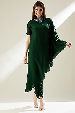 Bottle Green Embellished Tunic Set by Aakar