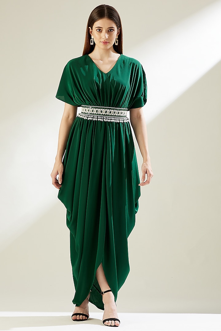 Bottle Green Silk Cowl Dress With Belt by Aakar
