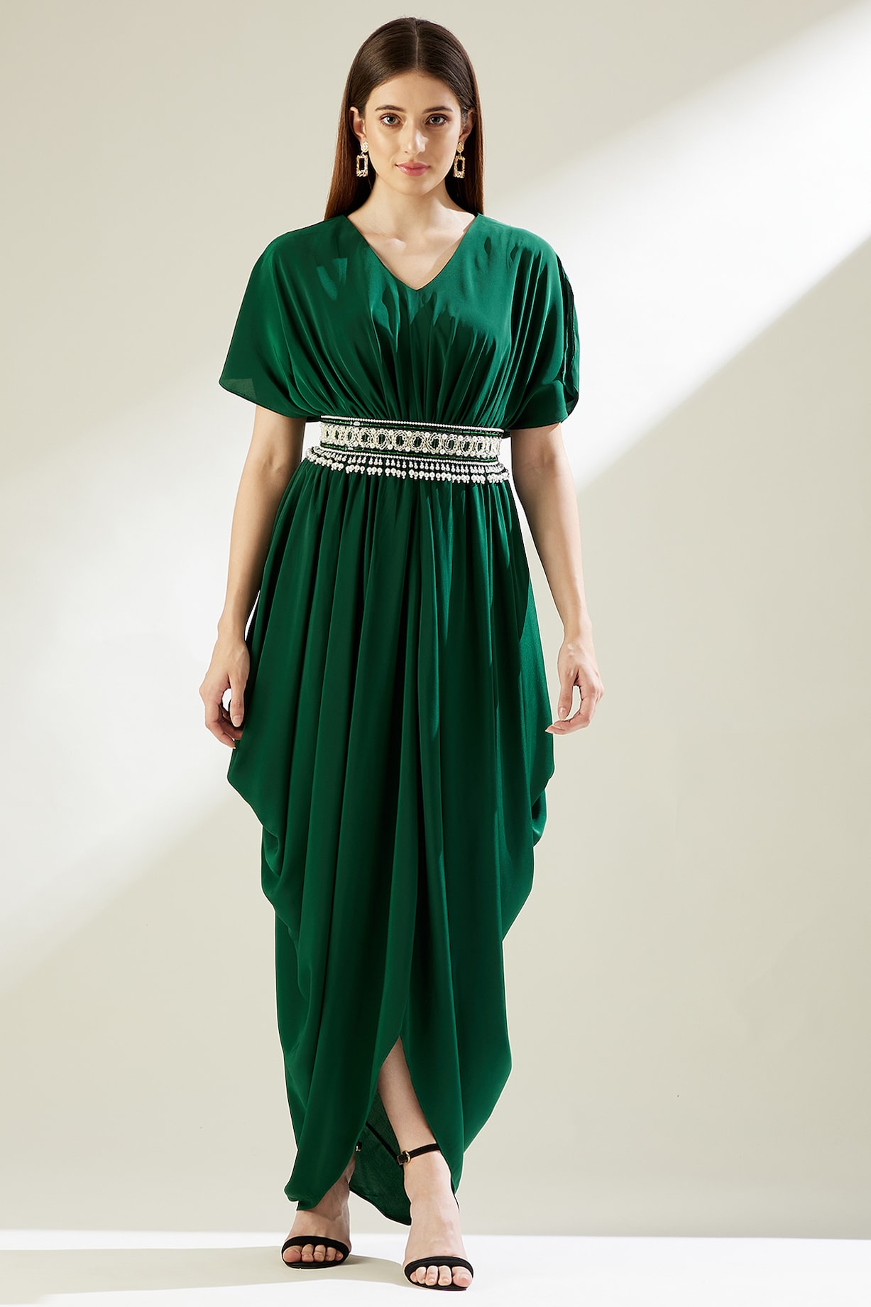 slim fit dress slacks Bottle Green Rayon Crepe Tiered Maxi Dress with Thread Embroidery