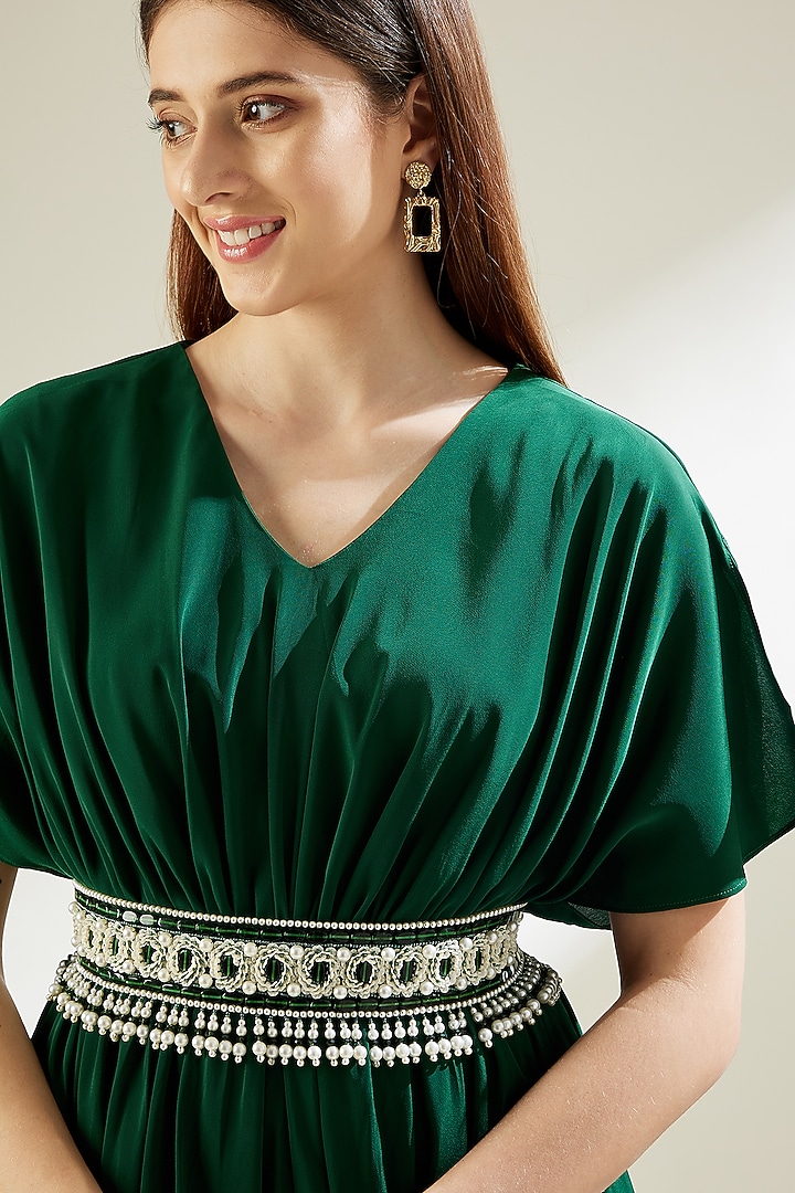 Pernia's Pop Up Shop - Aakar Women Bottle Green Silk Cowl Dress With Belt
