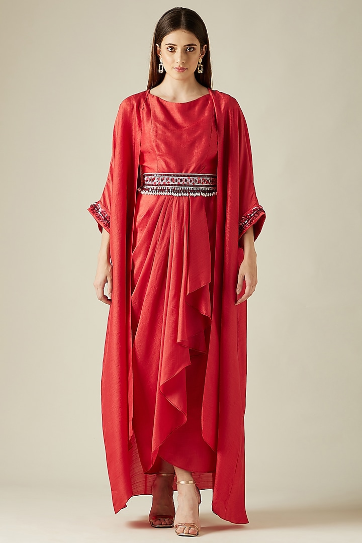 Red Matka Silk Cowl Dress With Cape & Belt by Aakar