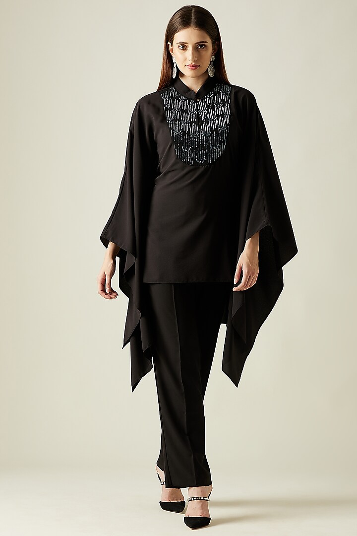 Black Embellished High-Low Kaftan Set by Aakaar