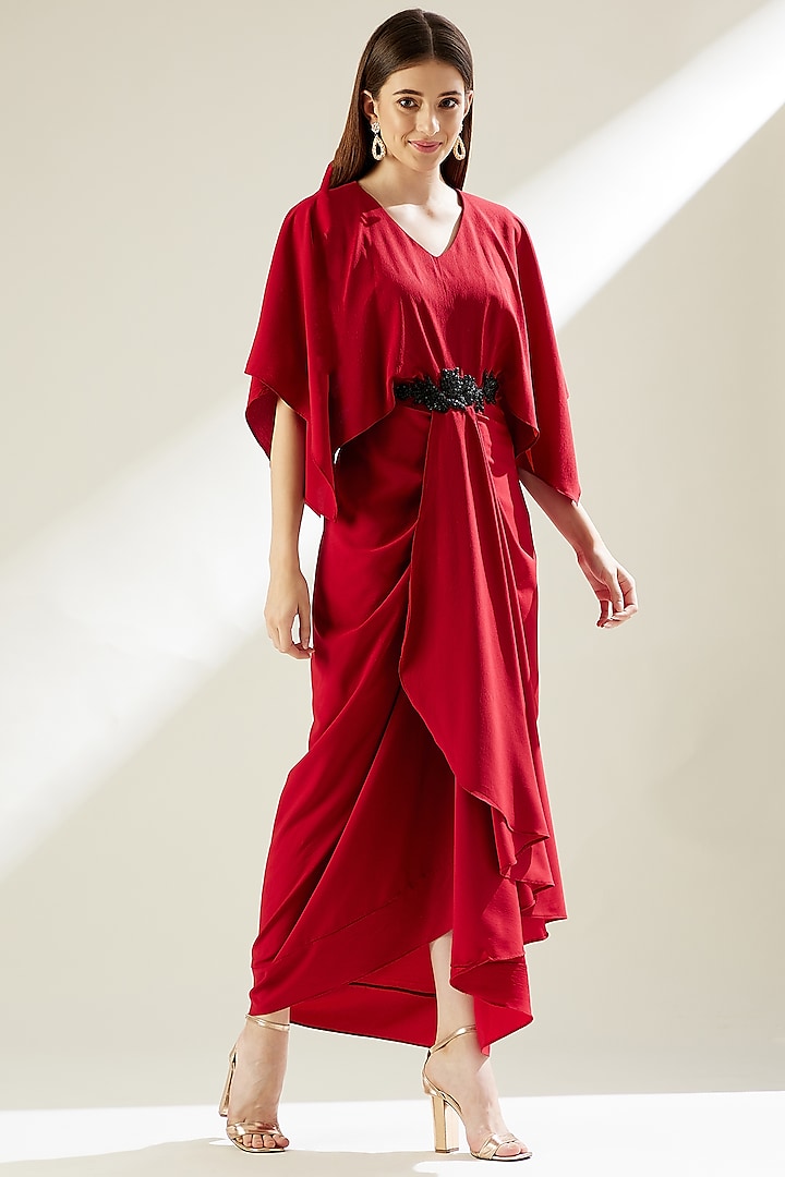 Crimson Embellished Draped Dress by Aakaar