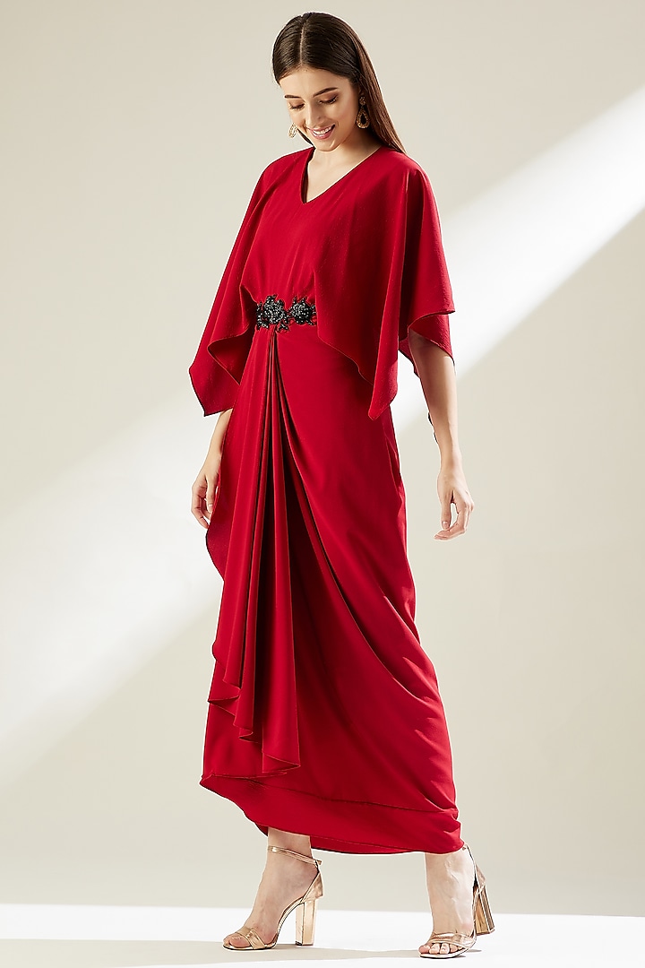 Crimson Embellished Draped Summer Dress by Aakaar at Pernia's Pop Up Shop