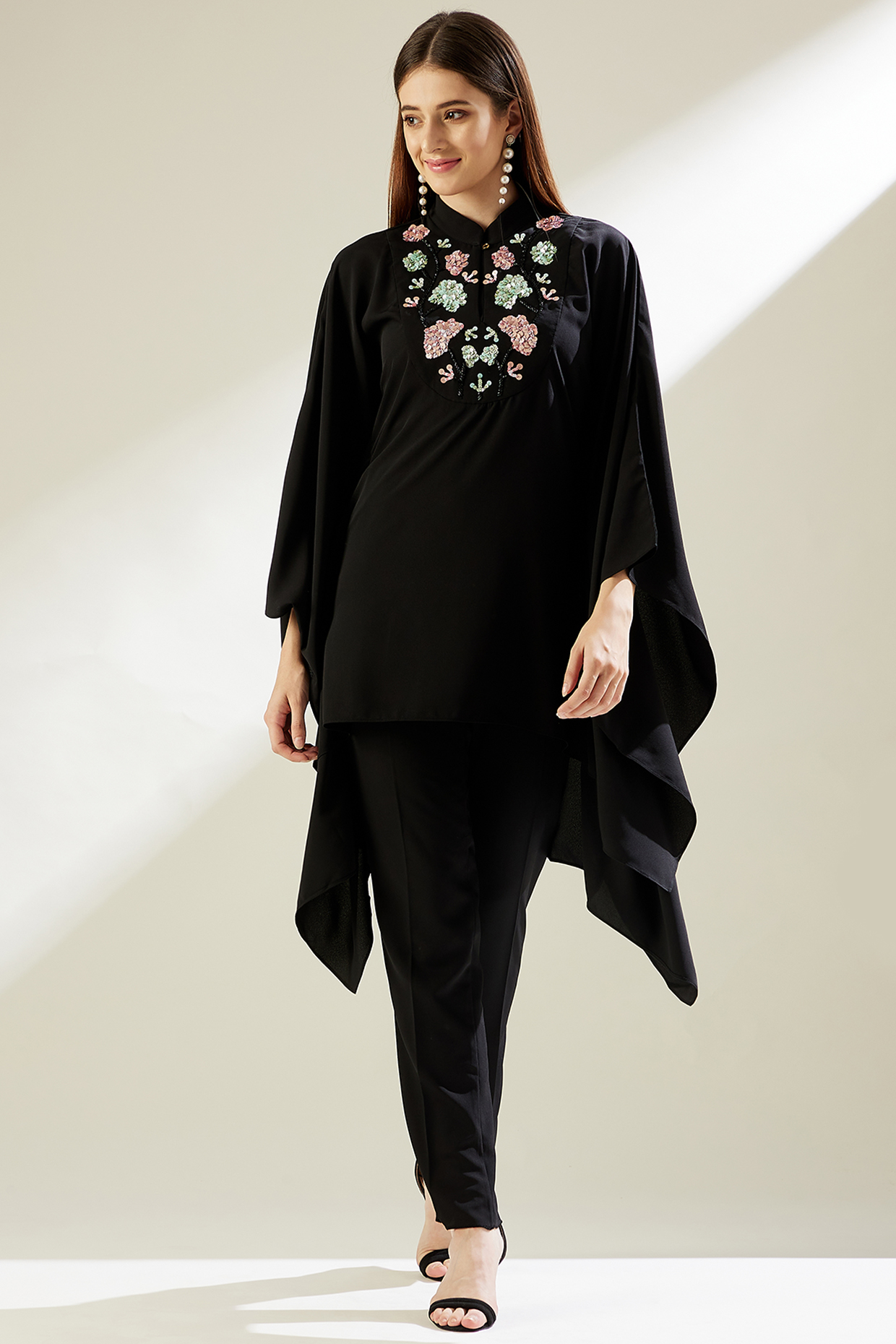 Black Sequins Embellished Kaftan Set by Aakaar