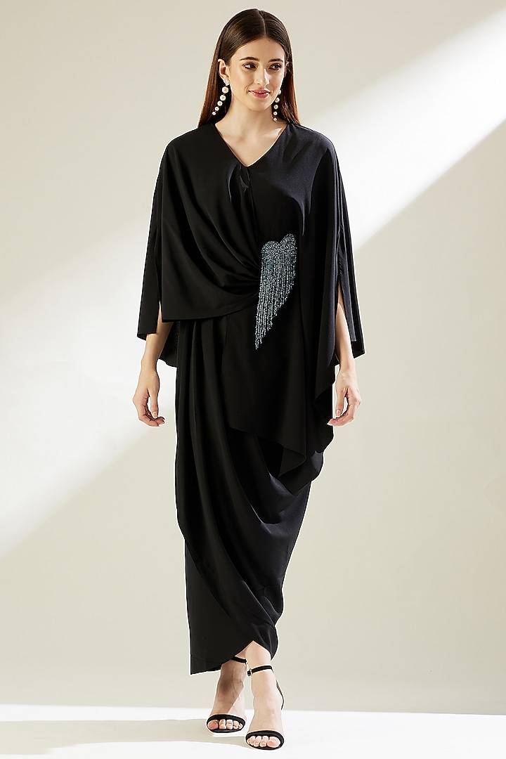 Black Fringed & Embellished Draped Dress by Aakaar