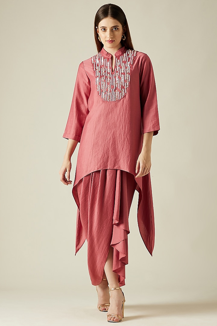 Pink Cotton Silk Draped Skirt Set by Aakaar at Pernia's Pop Up Shop