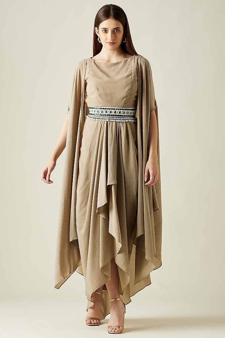 Fawn Moss Crepe Draped Dress With Cape by Aakaar