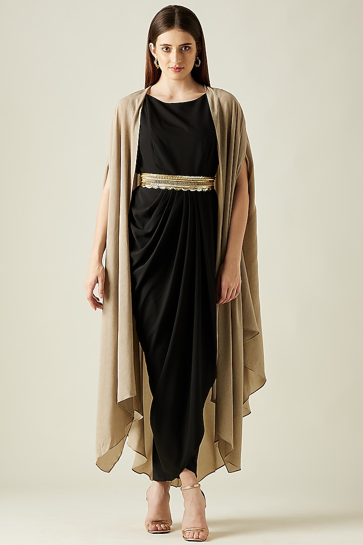 Black Moss Crepe Dress With Cape by Aakaar