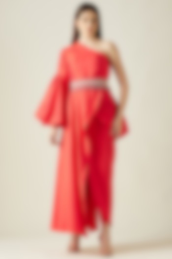 Scarlet Red Silk Tissue Tunic Set by Aakaar at Pernia's Pop Up Shop