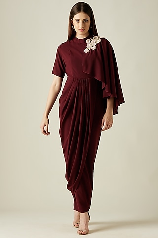 Wine Moss Crepe Draped Dress by Aakaar