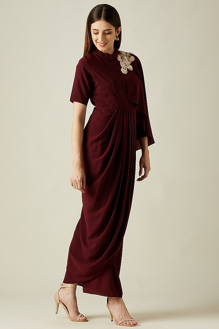 Wine Moss Crepe Draped Summer Dress by Aakaar at Pernia's Pop Up Shop